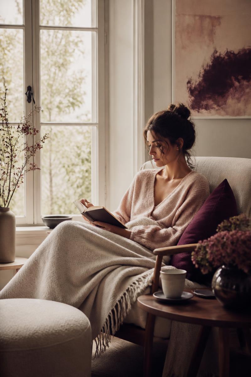 A woman reading by a window with tea and a blanket