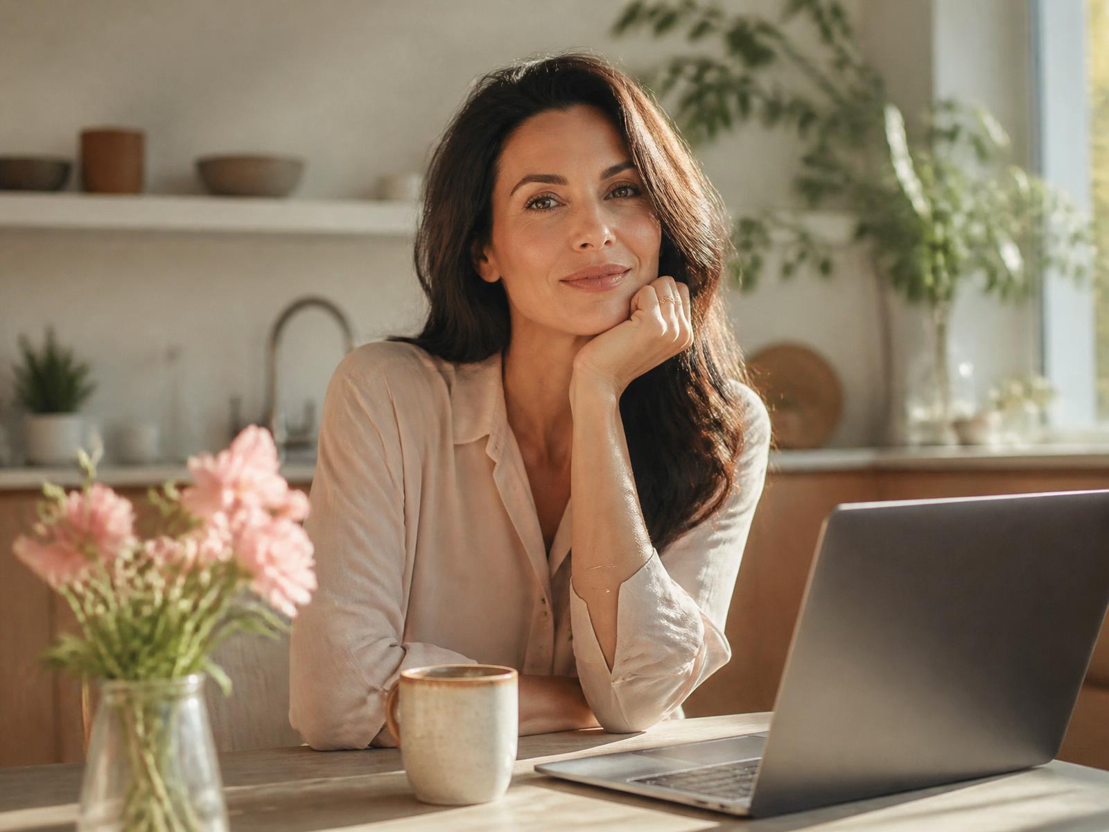 A woman working calmly at a sunlit kitchen table with coffee