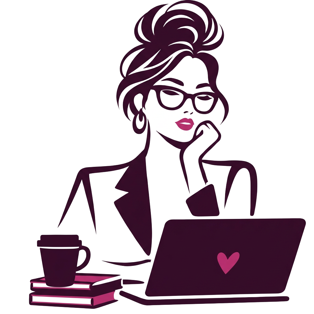 Illustration of a woman working calmly at her laptop with coffee